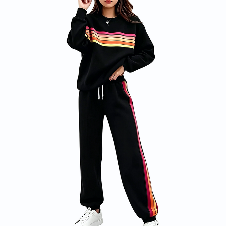 Crew Neck Color Stripe Sweatshirt Jogger Set
