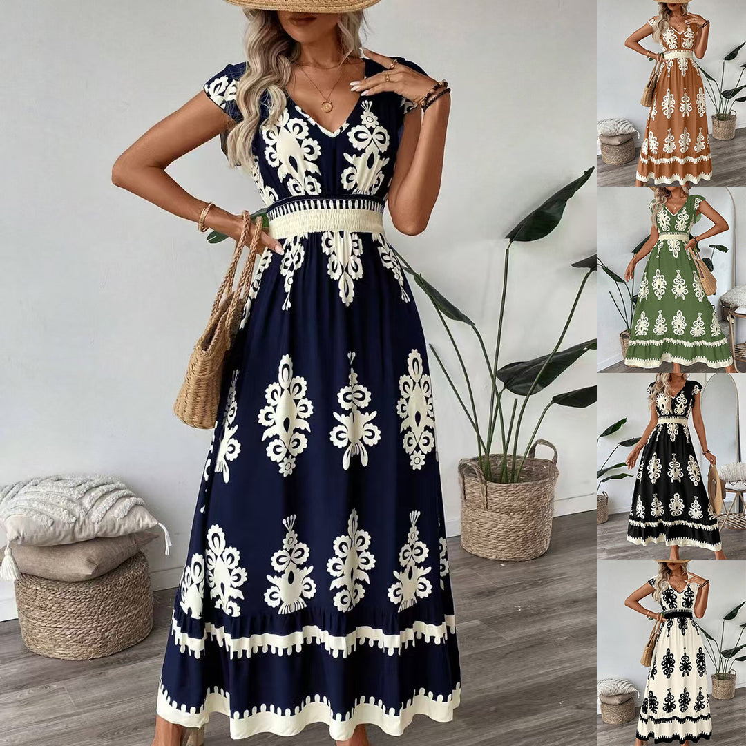 Navy Blue Printed Smocked Waist Maxi Dress