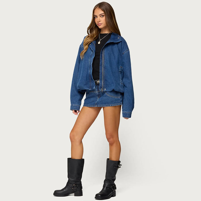 Minimalist stand-collar denim jacket