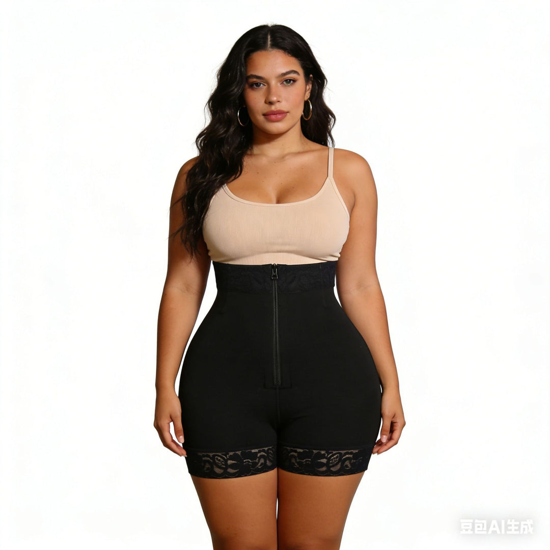 High-Waisted Lace Trim Shapewear Shorts, Zipper Tummy Control Body Shaper
