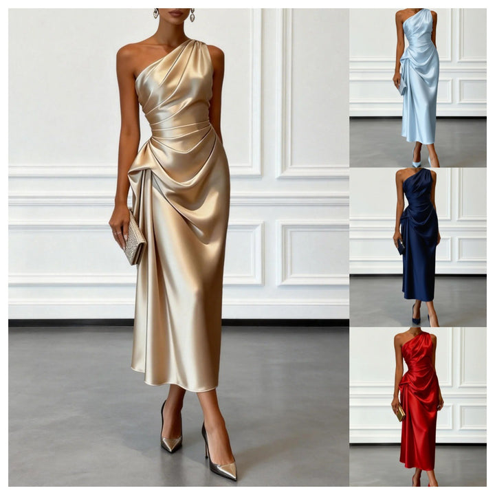 Multi-Color One-Shoulder Satin Midi Dress | Ruched Elegant Party Cocktail Dress