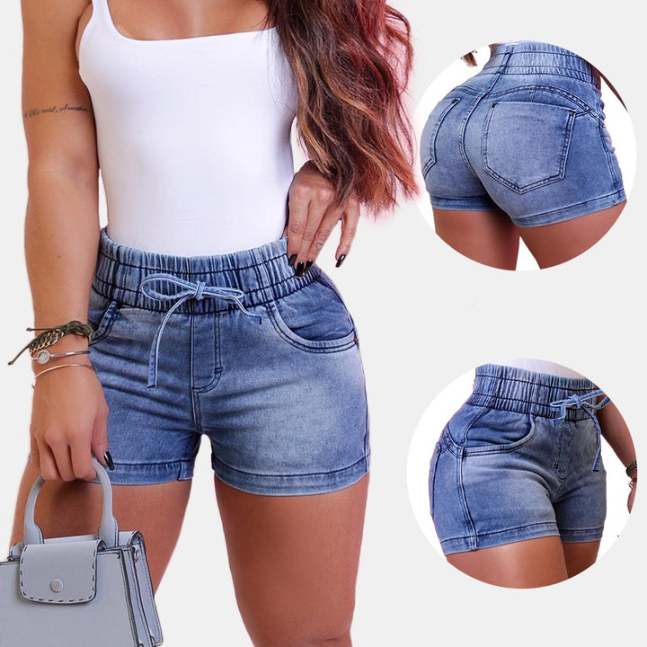 Elastic Drawstring High Waist Cuffed Stretch Denim Shorts