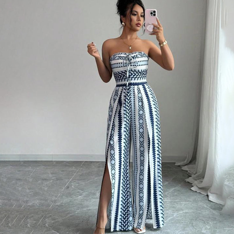 Waist-tie printed jumpsuit with side slits