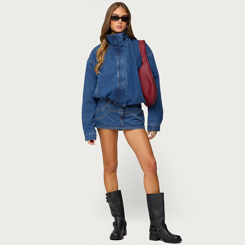 Minimalist stand-collar denim jacket