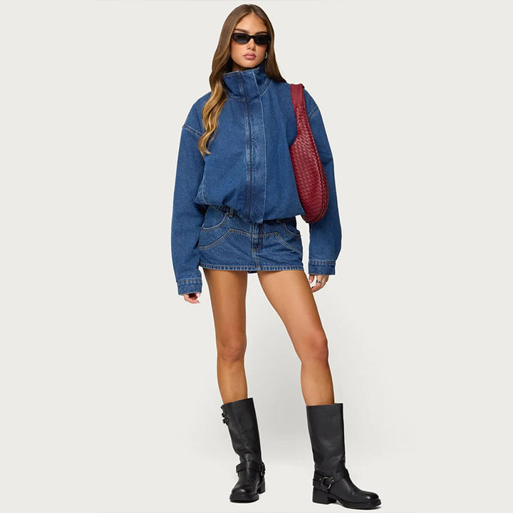 Minimalist stand-collar denim jacket