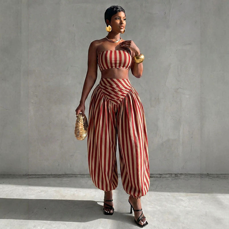 Striped strapless top and harem pants set