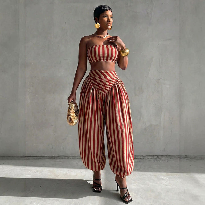 Striped strapless top and harem pants set