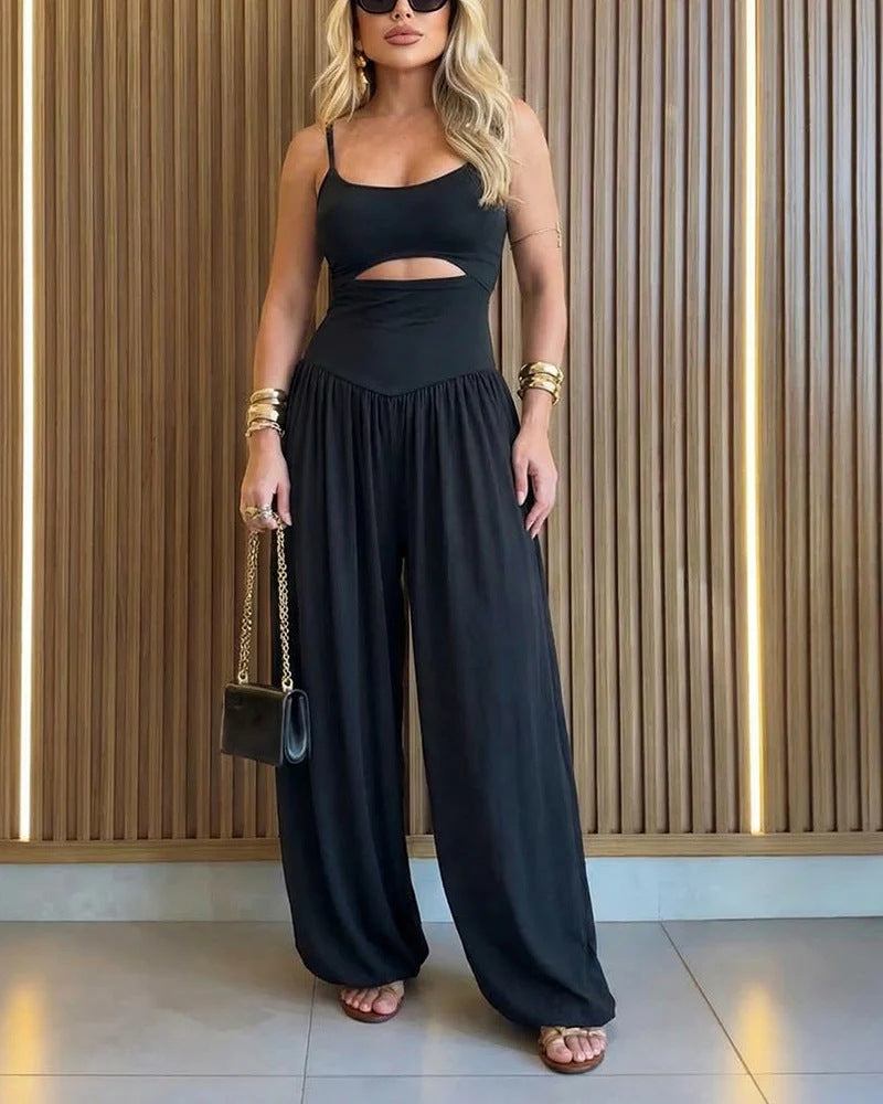 Cutout Waist Wide Leg Jumpsuit, Sleeveless Flowy Palazzo One-Piece