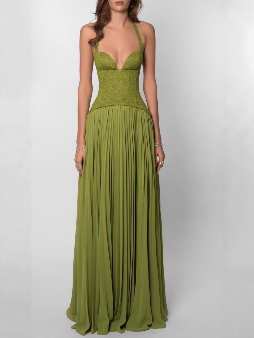 Olive Green Lace Halter Pleated Maxi Dress