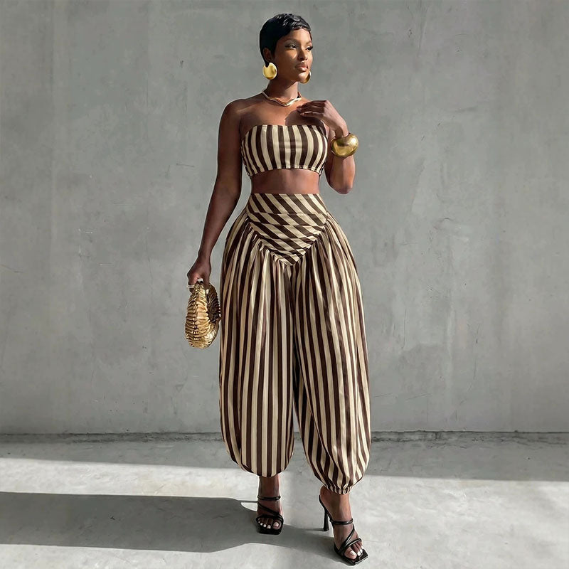 Striped strapless top and harem pants set