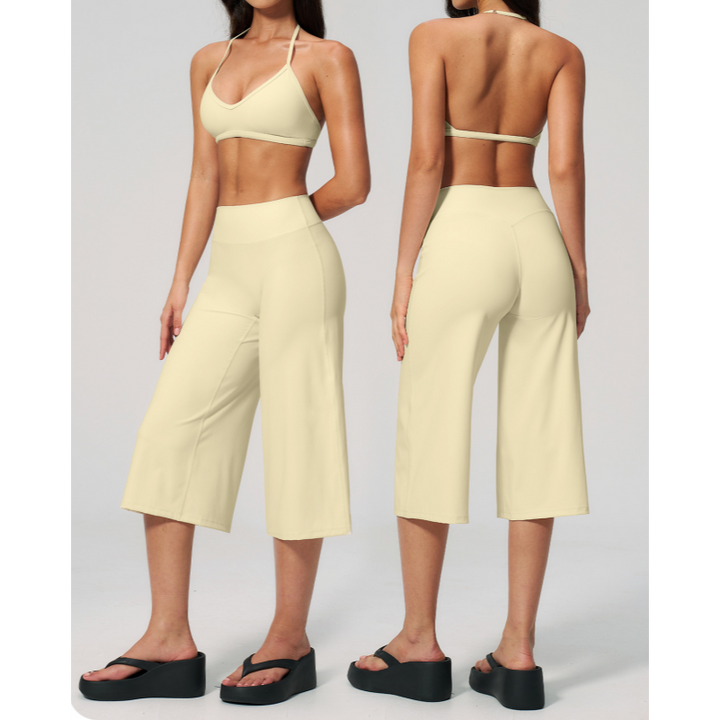 Halter V-Neck Crop Top High-Waist Culotte Pants Two-Piece Set