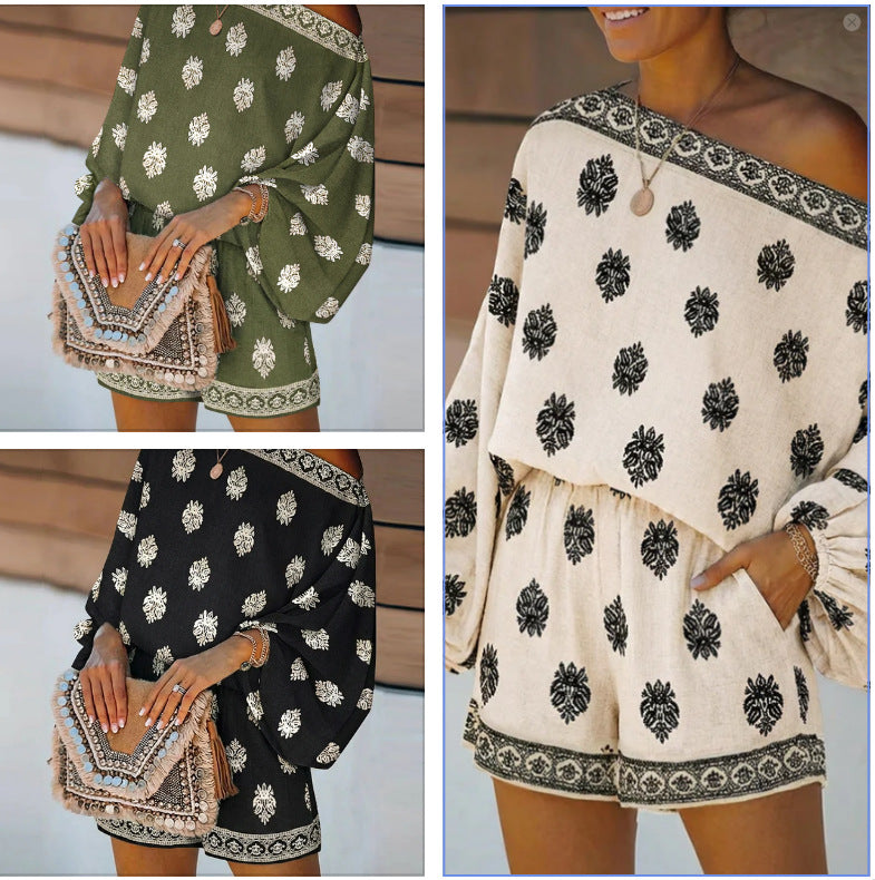 Off-Shoulder Embroidered Two-Piece Short Set | Boho Balloon Sleeve Summer Outfit