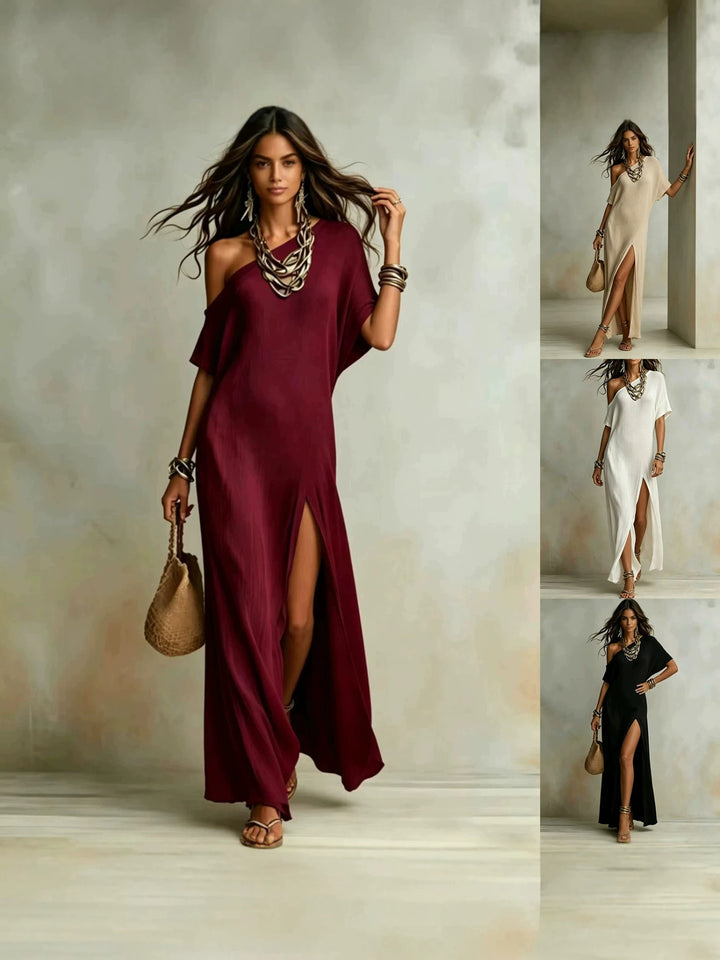 Asymmetric Off-Shoulder Slit Maxi Dress
