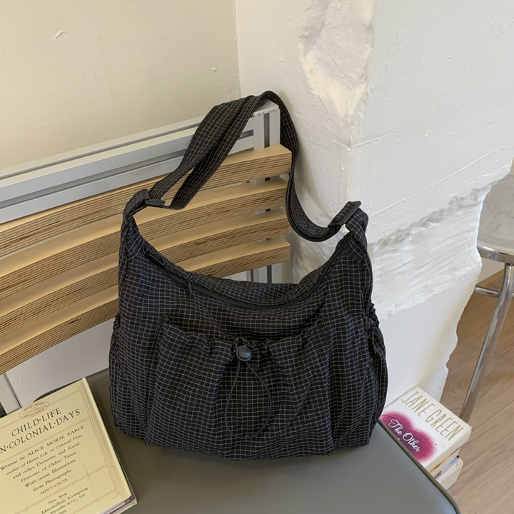 Drawstring Checkered Hobo Shoulder Bag