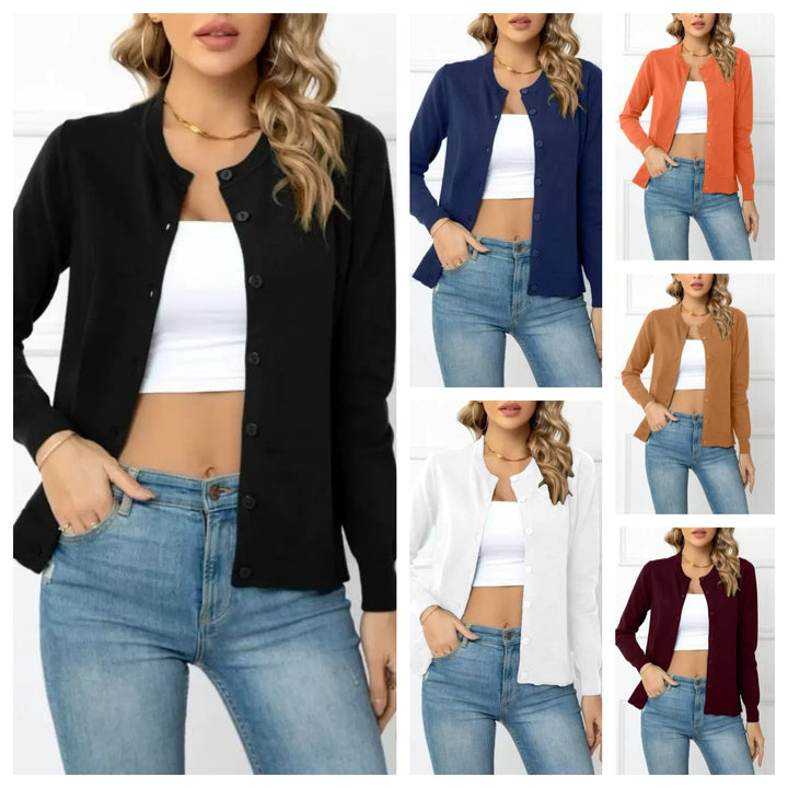 Navy Blue Crew Neck Button-Down Knit Cardigan