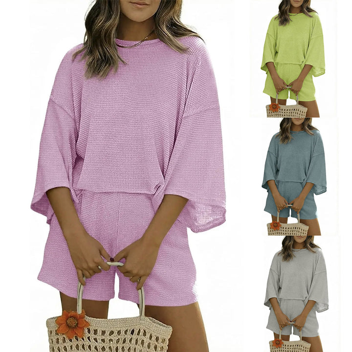 Waffle Knit Loungewear Set, Oversized 3/4 Sleeve Top &amp; High-Waisted Shorts