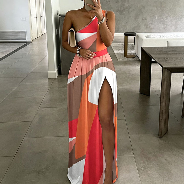 One-shoulder maxi dress with a side slit