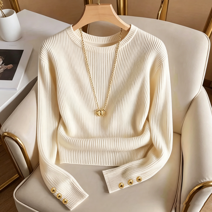 Crew Neck Long Sleeve Button Knit Sweater