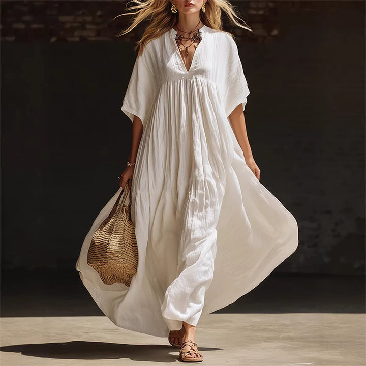 Solid color loose-fitting beach vacation long V-neck dress