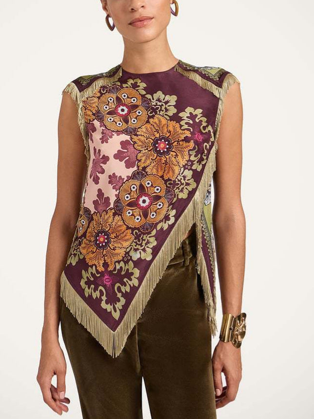 Bohemian Floral Print Fringe-Trimmed Asymmetrical Sleeveless Blouse