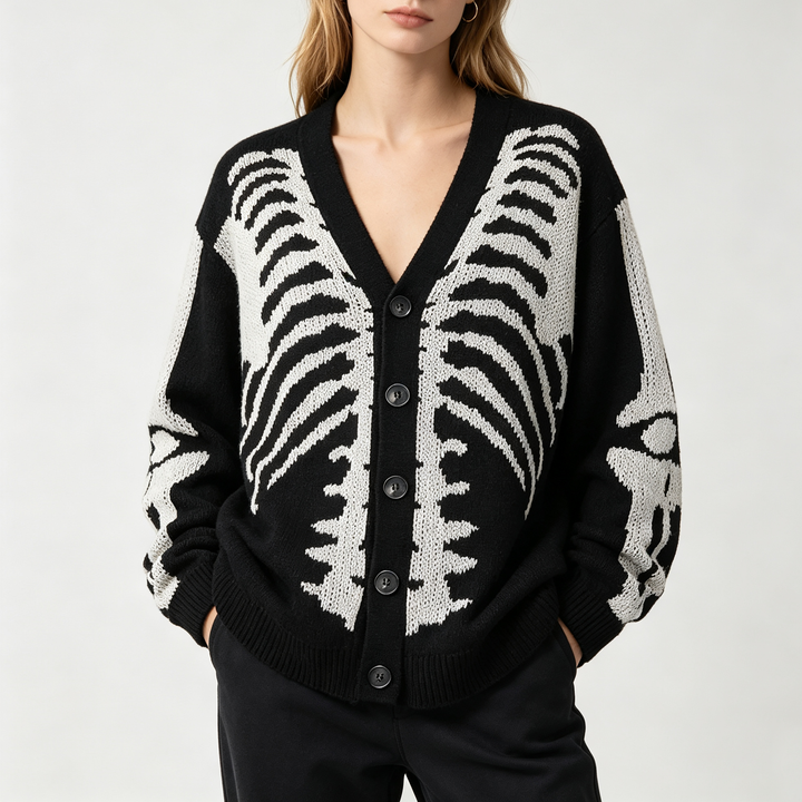 Gothic-style loose-fit knit sweater with skull print