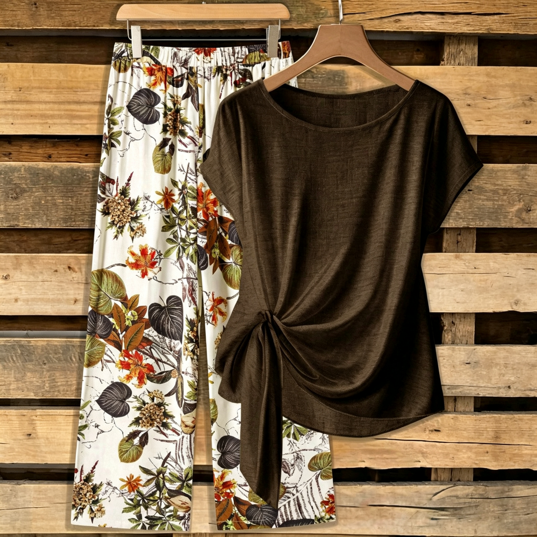 Round Neck Tie Front Two Piece Outfit