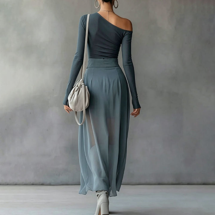 Off-shoulder long-sleeve maxi dress set with a slit