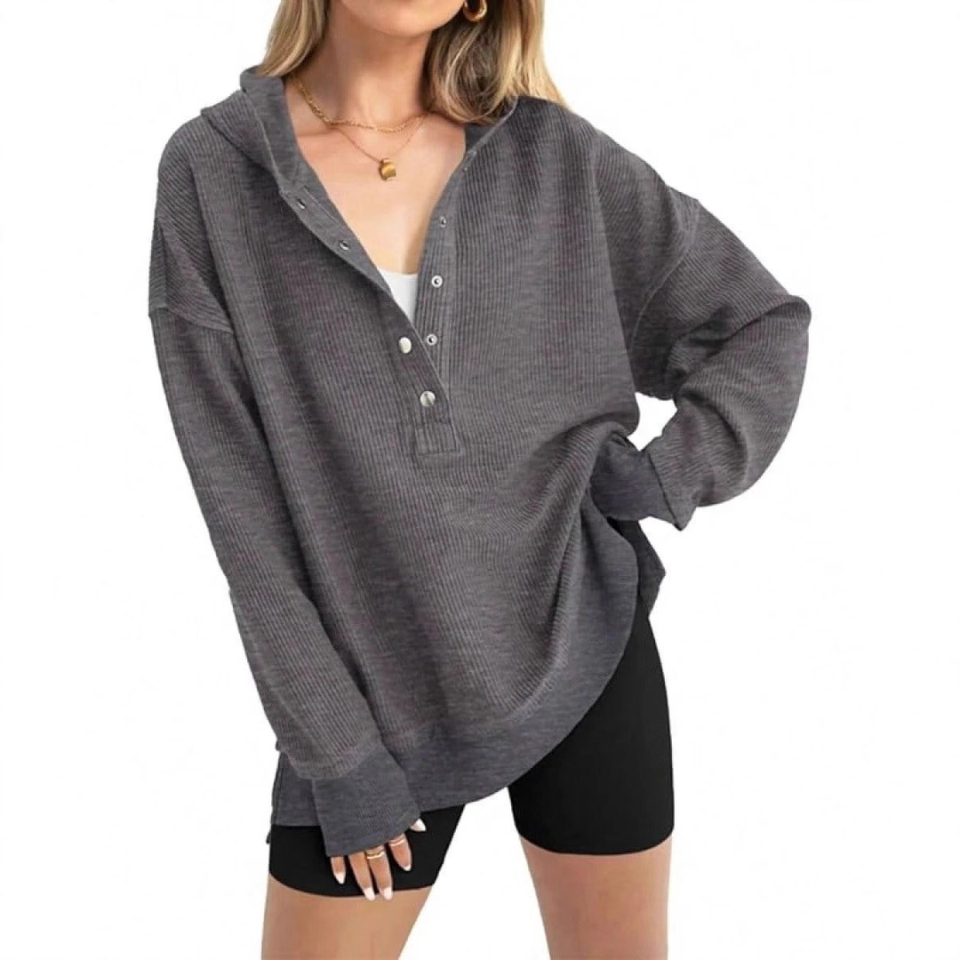 Drop Shoulder Loose Fit Henley Waffle Hoodie Top