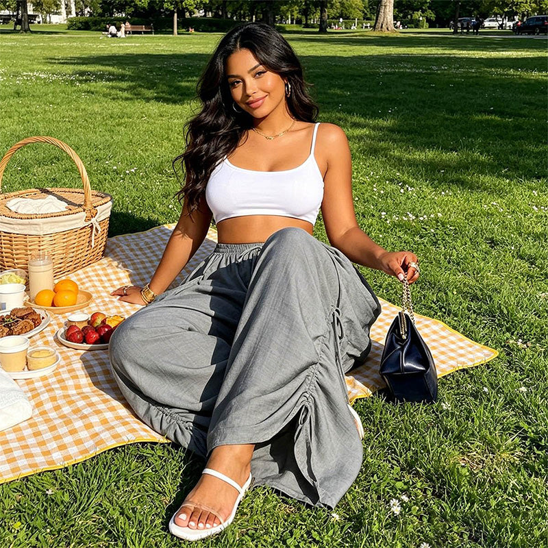 Retro drawstring high-waisted wide-leg pants