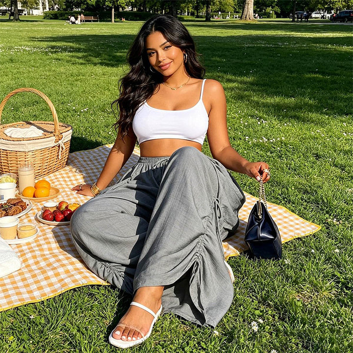 Retro drawstring high-waisted wide-leg pants