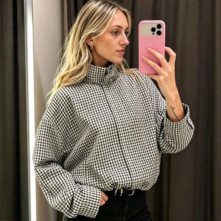 Cropped plaid jacket with a stand collar
