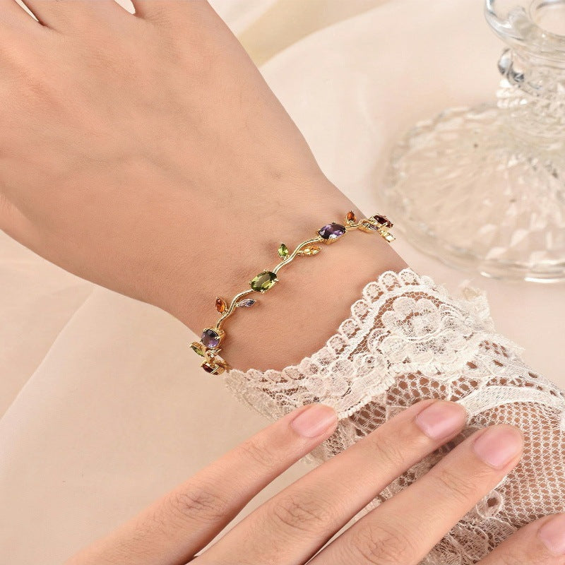 Gold Tone Multicolor Gem Vine Leaf Bracelet | Vintage Nature-Inspired CZ Cuff
