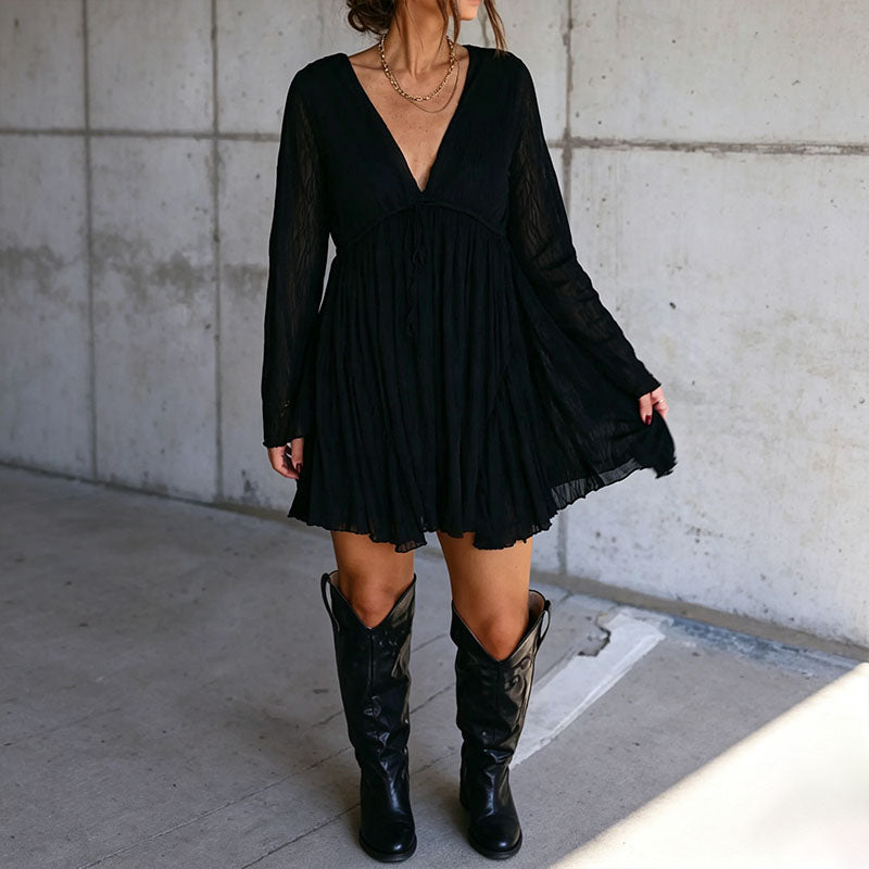 V-neck long-sleeve belted mini dress