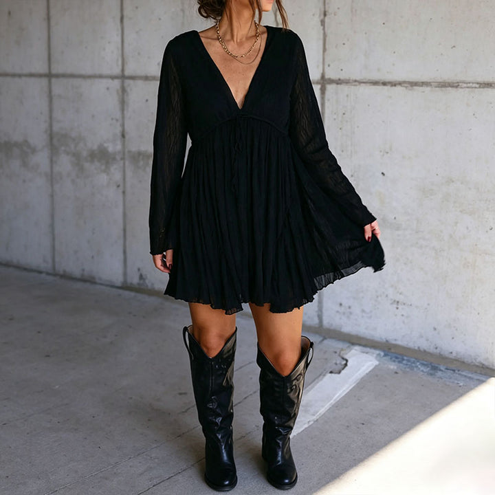 V-neck long-sleeve belted mini dress