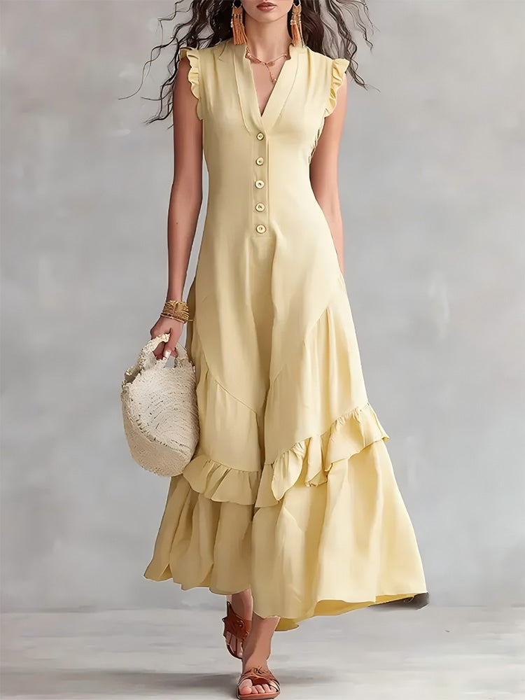 Elegant Ruffled Cotton Linen Sleeveless Dress