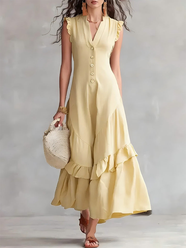 Elegant Ruffled Cotton Linen Sleeveless Dress