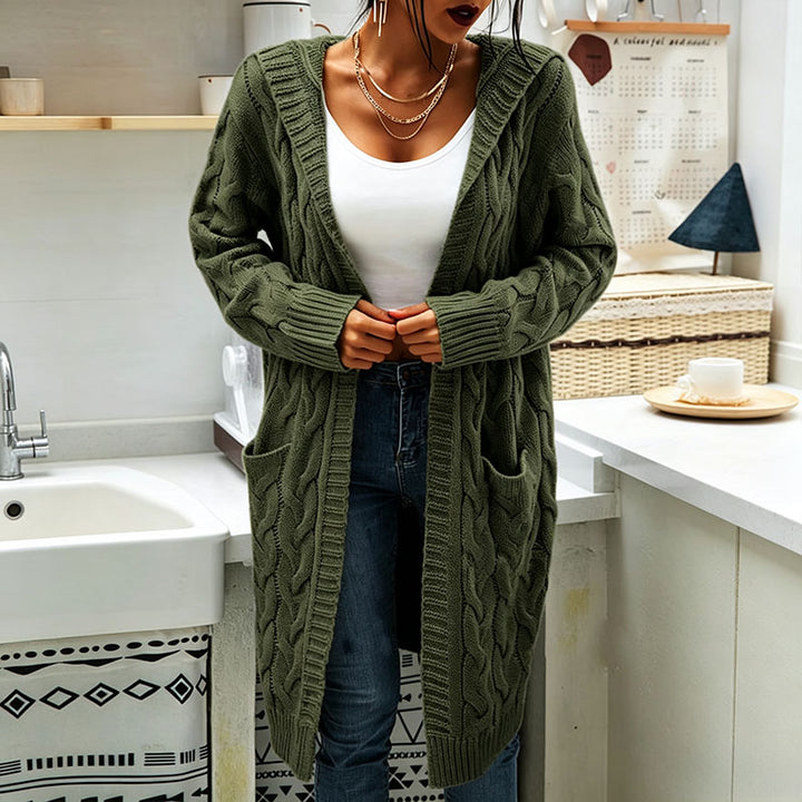 Solid-color hooded cable-knit mid-length cardigan