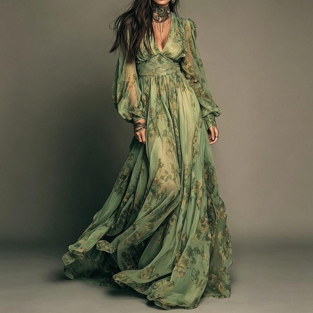 Floral V Neck Long Sleeve Bohemian Maxi Dress