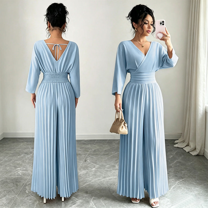 Solid color V-neck fitted waist pleated jumpsuit