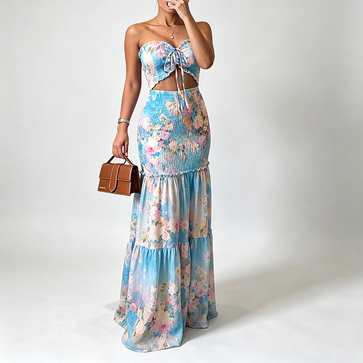 Strapless multi-colored printed pleated maxi dress