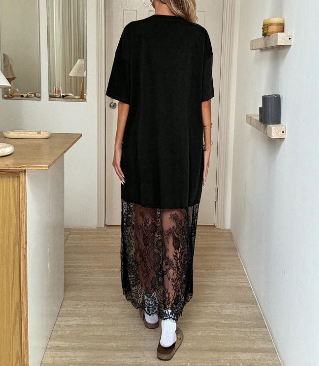 Black Oversized T-Shirt Maxi Dress with Lace Hem, Casual Layered Look