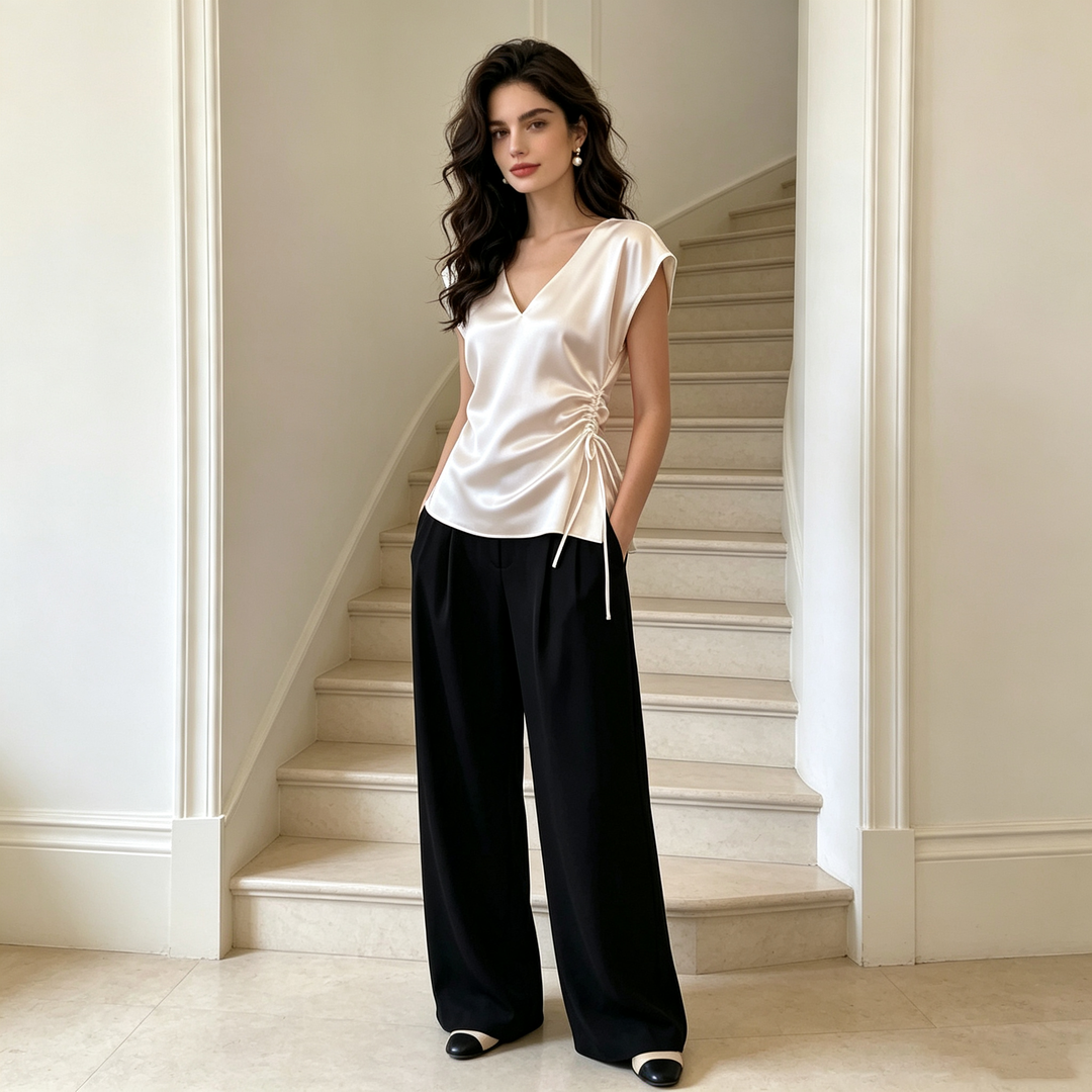 Satin V Neck Cap Sleeve Drawstring Top