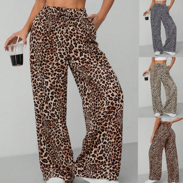 Leopard Print High-Waisted Wide Leg Pants, Elastic Waist Drawstring Trousers