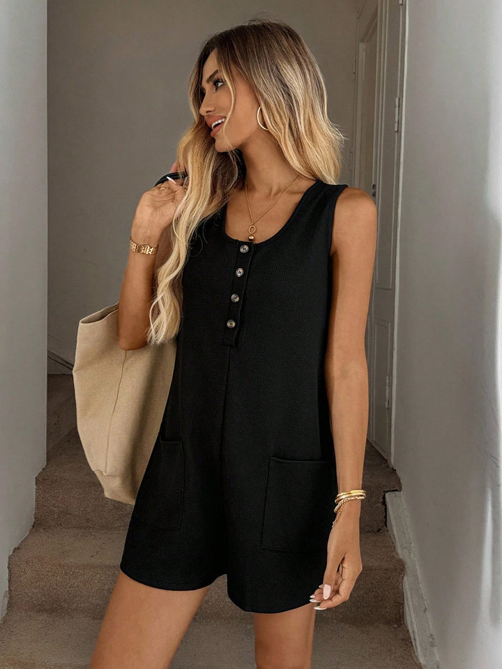 Sleeveless Waffle Knit Henley Romper