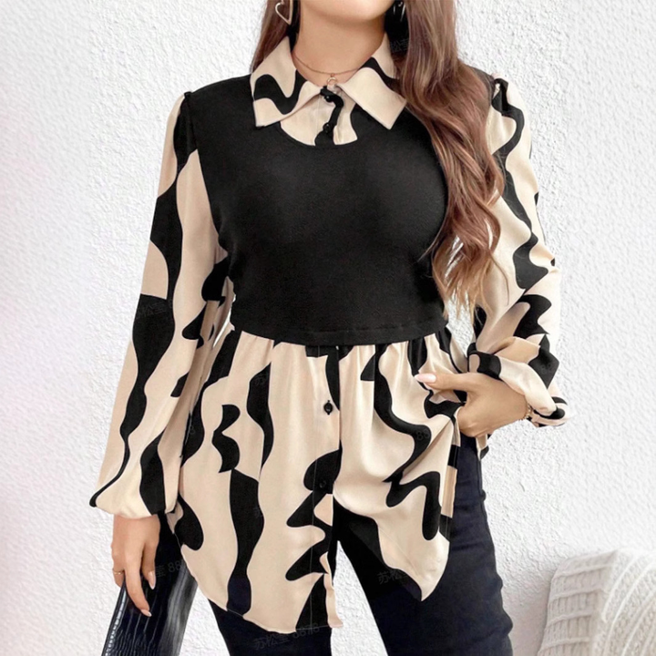 Panel Collar Peplum Abstract Pattern Shirt