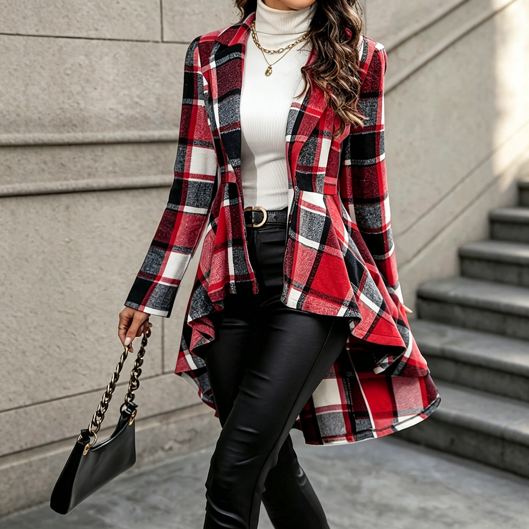 Irregular Hem Plaid Long Sleeve Coat