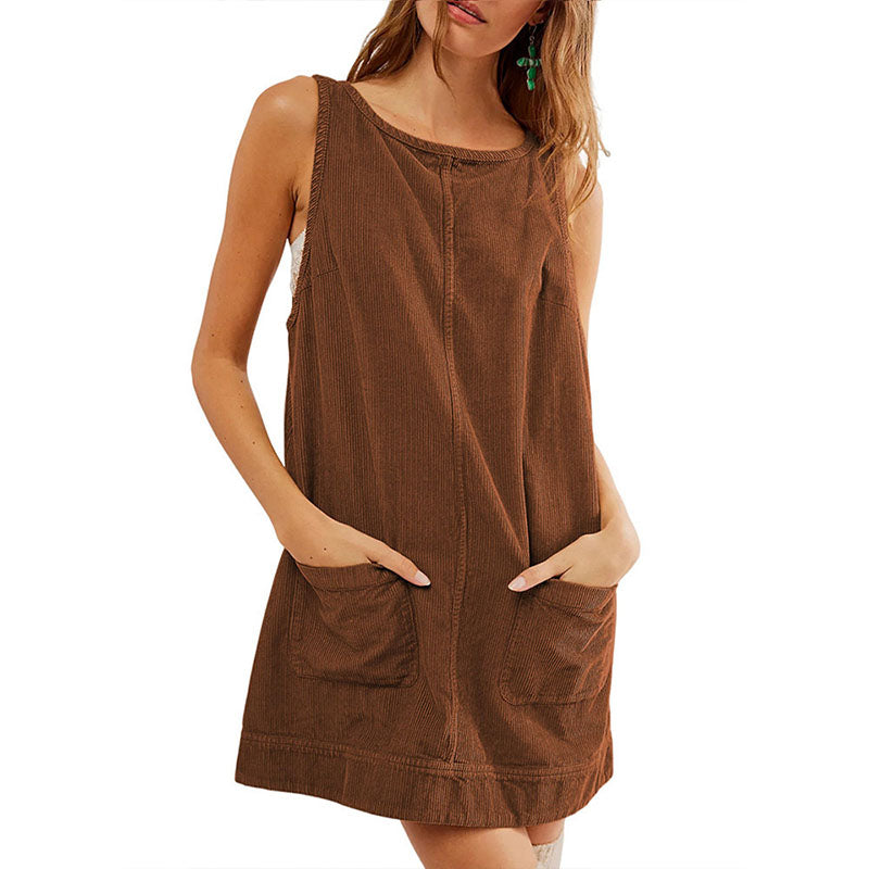 Corduroy Sleeveless Pocket Dress