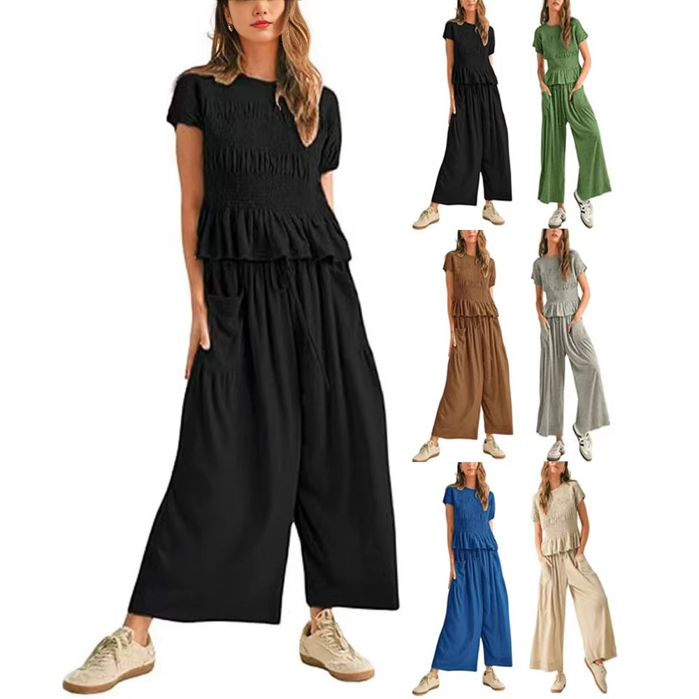 Beige Linen-Blend Smocked Peplum Top &amp;amp; Wide-Leg Pants Set