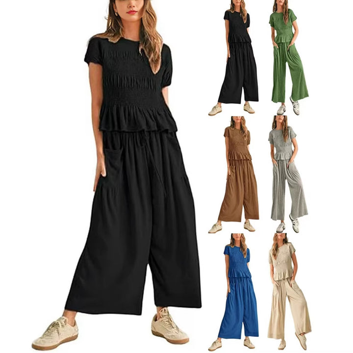 Beige Linen-Blend Smocked Peplum Top &amp;amp; Wide-Leg Pants Set