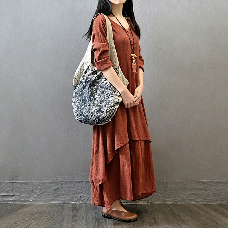 Faux-layered long-sleeved linen maxi dress